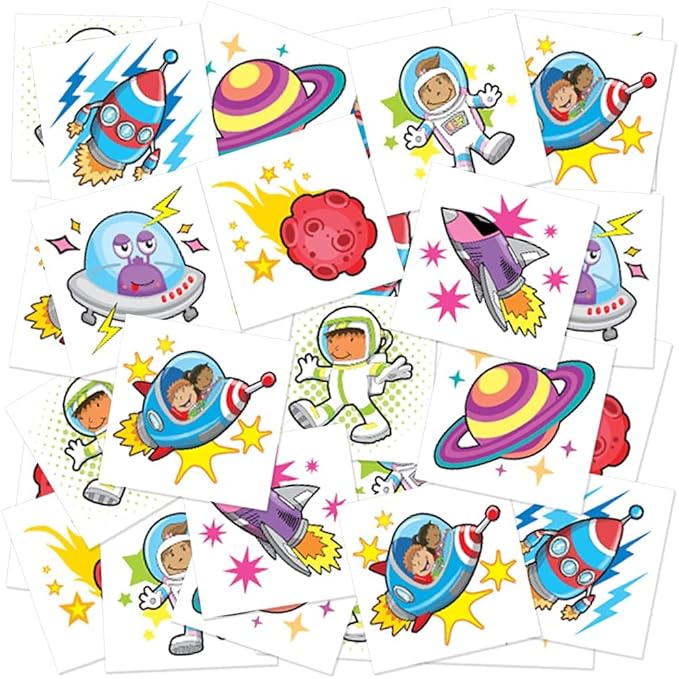 ArtCreativity 144 Individual Outer Space Temporary Tattoos for Kids – 2 Inch Non-Toxic Pre-Cut Astronaut, Alien, Rocket, UFO, Planet Temporary Tattoos - Outer Space Party Favors and Goodie Bag Fillers