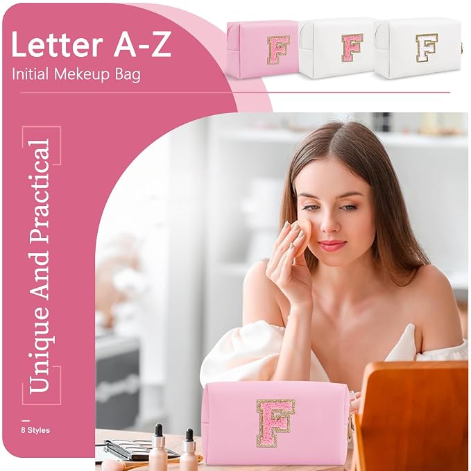 Personalized Initial A-Z Preppy Patch Makeup Bag,Small PU Leather Chenille Letter Cosmetic Bag with Zipper for Teen Girls,Pink Cute Travel Toiletry Bag,Birthday Monogrammed Gift for Daughter,Letter F
