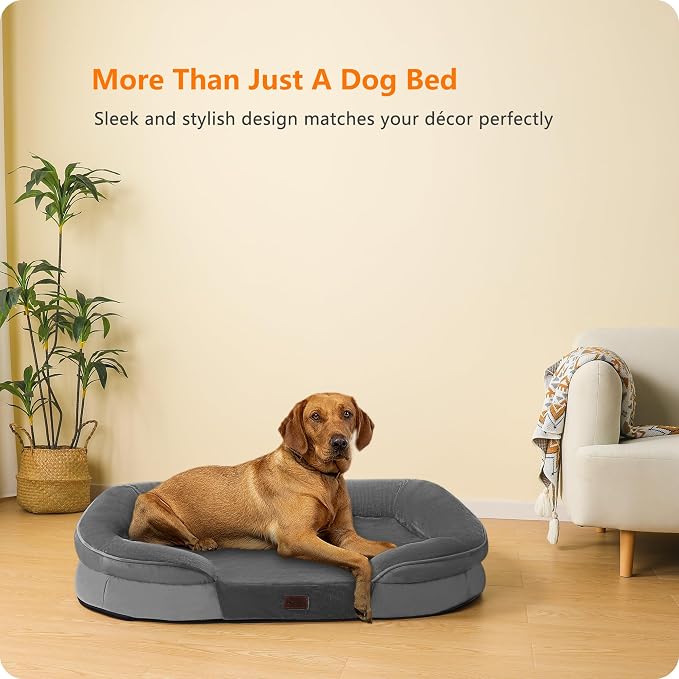 Dwanton Orthopedic Waterproof X-Large Dog Bed Sofa, Gel Memory Foam, 45" | Egg-Crate Foam Dog Sofa, Washable Pet Bed with Four Sided Bolster Cushion, Removable Cover & Non-Slip Bottom, Medium Grey