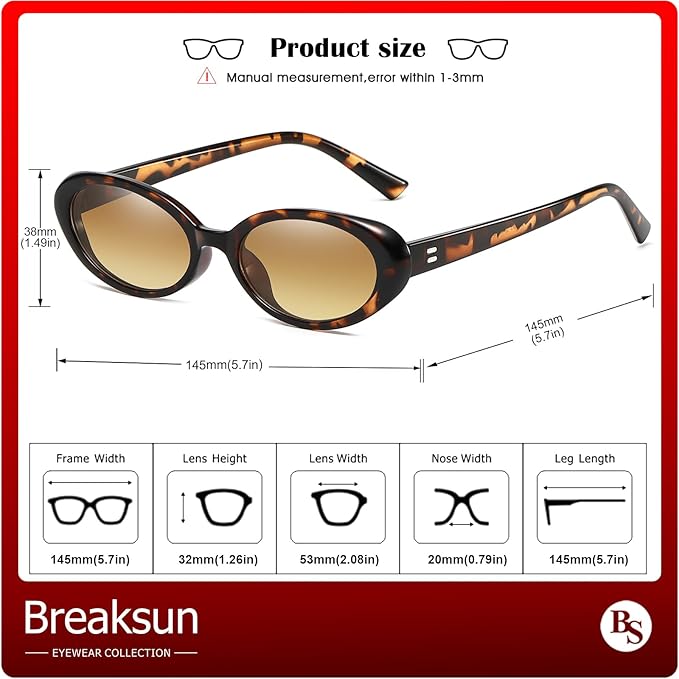 Breaksun Retro Oval Sunglasses for Women Men Fashion Small Oval Sunglasses 90s Vintage Shades