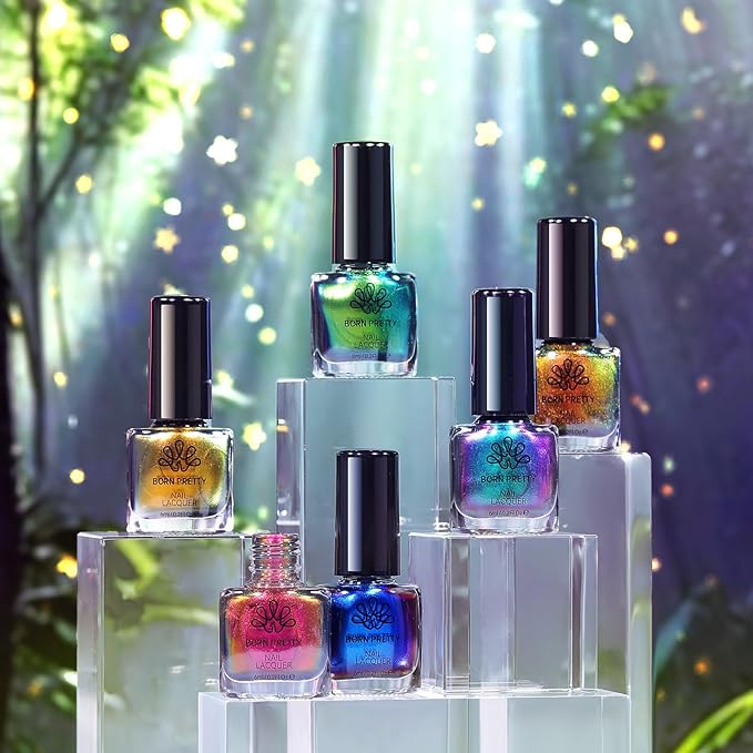 Born Pretty Chameleon Nail Polish Set, 6 Colors Chrome Holographic Metallic Glitter Quick Dry Nail Lacquer Kit Long Lasting DIY Fingernail Art Home Salon Valentines Gifts for Women Girls