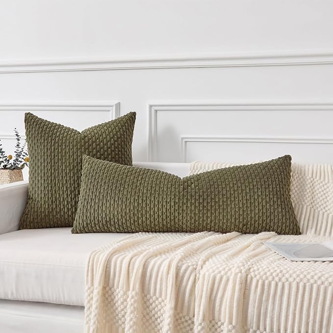 Kevin Textile Soft Corduroy 20"x54" Body Pillow Cover 1 Pack, Olive Green | Boho Stripe Plush Corduroy Decorative Oblong Cushion Cover Modern Farmhouse Home Decor for Sofa Couch Bed Chair
