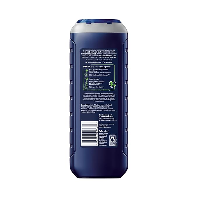 NIVEA MEN Sport Body Wash with Revitalizing Minerals, Tangerine and Pepper Scent, 3-in-1 Men's Body Wash, Face and Hair, Paraben Free, Vegan Formula, 16.9 Fl Oz Bottle, Pack of 3