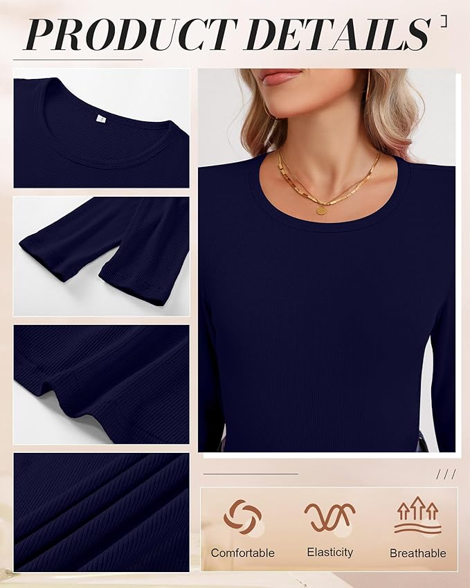 Ficerd 3 Pack Women's Ribbed Long Sleeve Tops, Crew Neck Slim Fit Undershirts Knit Basic Casual Stretch Layering Tee Shirts