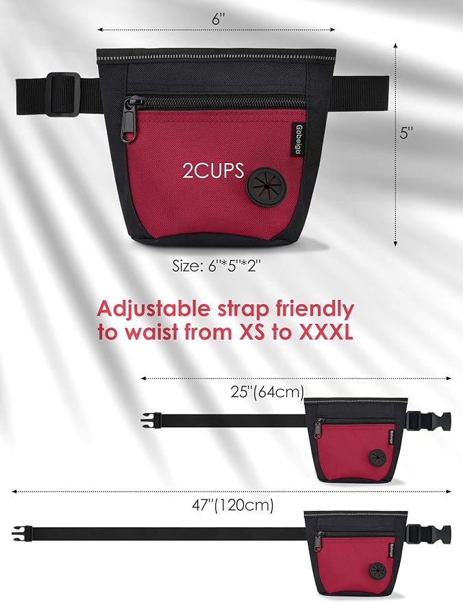 Gobeigo 2 Cup Dog Treat Pouch with Training Clicker(Black/Red) | 2 Pair Magnetic Closures, Zipper Pocket with Poop Bag Holder, Waist Belt & Metal Clip to Wear for Pet Training/Daily Walking