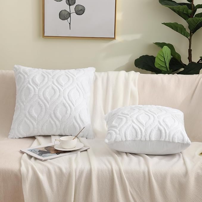 decorUhome Faux Fur Plush Soft White Throw Pillow Covers 18x18 Set of 2 | Wool Solid Fall Couch Pillow Covers, Accent Modern Farmhouse Neutral Decorative Square Pillow Cases for Sofa Bed Living Room