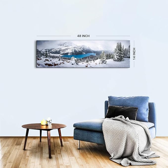 Snow Mountain Canvas Wall Art White Clouds Misty Forest Landscape Prints Picture Wall Decor Winter Tree Blue Lake Scenery Photography Painting Artwork for Living Room Bedroom Office Decoration 14x48"