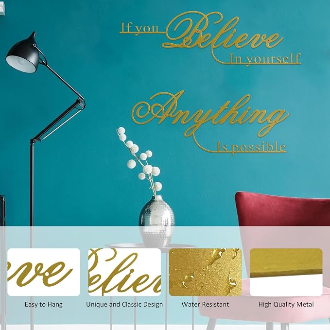 Resama If You Believe in Yourself,Anything is Possible Wall Art Decor 2 Pcs Metal Inspiration Encouragement Wall Art Sayings Black Inspirational Quotes Hanging Decoration(Gold)