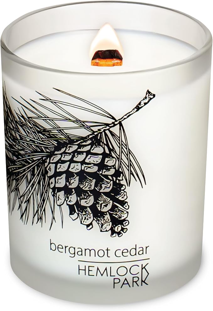 Hemlock Park Bergamot Cedar Frosted Scented Candle | Crackling Wood Wick, Botanical Fragrance & Coconut Apricot Wax | Up to 50 Hour Burn Time | 7.2 oz | Made in USA