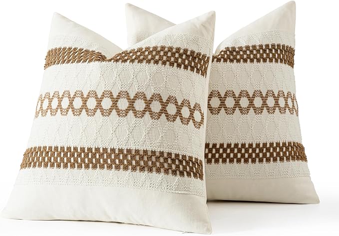 MIULEE Set of 2 Coco Brown Boho Decorative Pillow Covers 18x18 Inch | Farmhouse Couch Throw Pillows, Modern Spring Cotton Cushion Covers, Macrame Woven Home Decor for Bed Sofa Chair