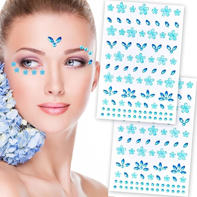Flower Face Tattoo Sticker Blue Face Gems Summer Face Jewelry for Girls- Self-Adhesive Rhinestones for Eyes, Face, Nail Body – Festival Halloween Christmas Cosplay Makeup Decoration (blue)