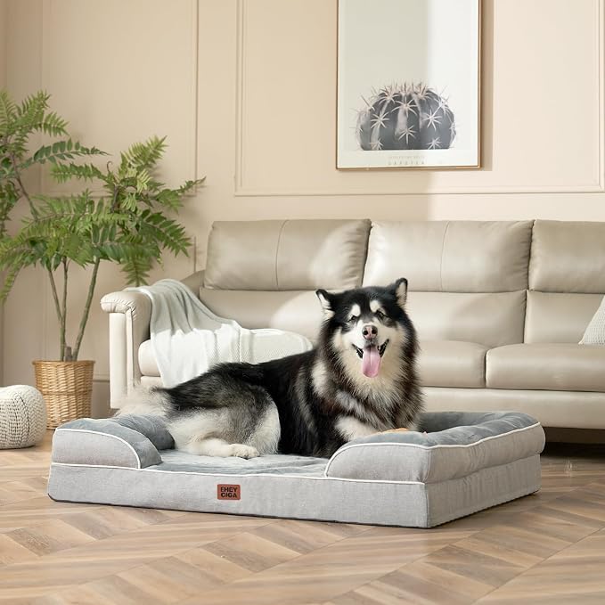 EHEYCIGA Orthopedic XXL Dog Bed, Waterproof Washable XL Big Pet Bed 52" | Non-Slip Bottom and Egg-Crate Memory Foam Extra Large Pet Couch Bed with Washable Removable Cover, Grey