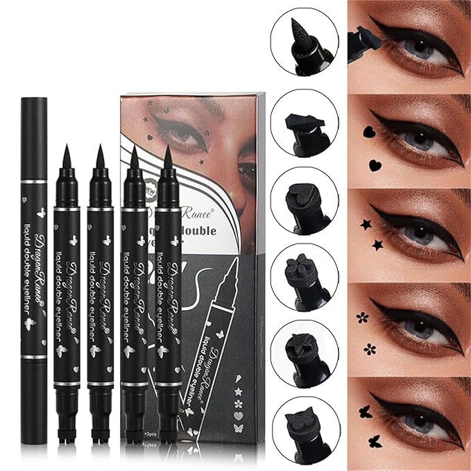 5Pcs Double-headed Liquid Eyeliner Stamp Pencil Set, Winged Eye-liner Pen, Long-lasting Black Tattoo Eye-liner delineador de ojos (Heart/Flower/Star/Butterfly/Cone) Shape Eye Liner Pencil for Women