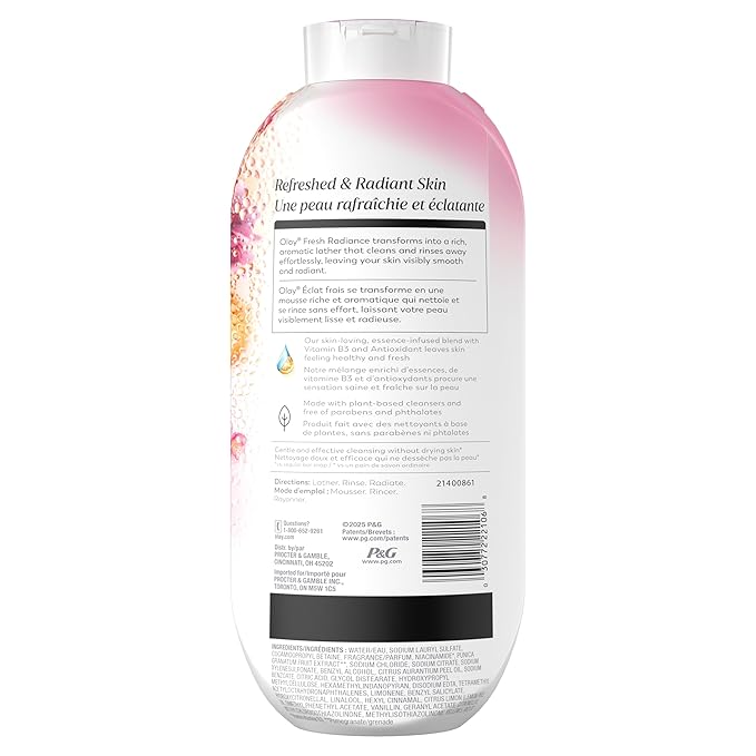 Olay Body Wash for Women, Fresh Radiance, 24/7 Skin-Loving Freshness, Visibly Radiant, Plant Based Cleansers, Vitamin B3 & Antioxidant Blend, For All Skin Types, Peach & Cherry Blossom Scent, 22 fl oz