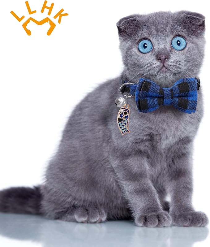 LLHK 4 Pack Small Fish Cat Collars with Bow Tie and Bell,Personalized Breakaway Kitten Collar for Girl boy Cats,Adjustable 7-12inch,Cute for Kitty Kitten Adult Cats,Pet Supplies,Stuff,Accessories