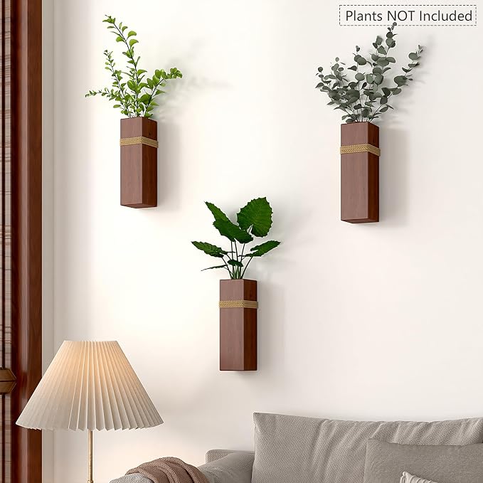 Wall Mount Wood Vase, Rope | Living Room, Modern Wood Planter Art Decor, For Fake Plants Greenery Flowers, Farmhouse Style, Multi-Room Use