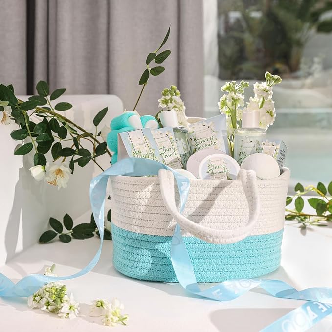 Body & Earth Gift Baskets for Women 11PCS Jasmine Spa Gift Sets for Her, Self Care Kit with Bubble Bath, Shower Gel, Lotion Set, Mothers Day Gifts for Mom