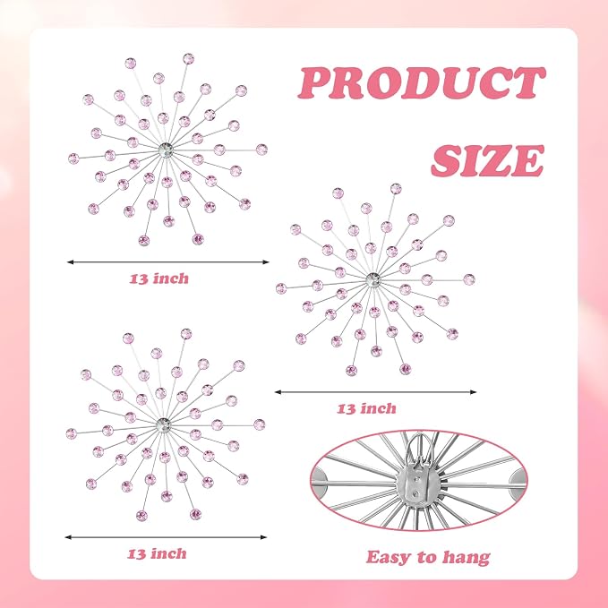 ZEXUIRU 3 Set Silver Starburst Wall Art for Home Decor Metal Bling Crystal Rhinestones Sunburst Wall Decor Sparkling Rhinestone Art Accent Silver - 13in