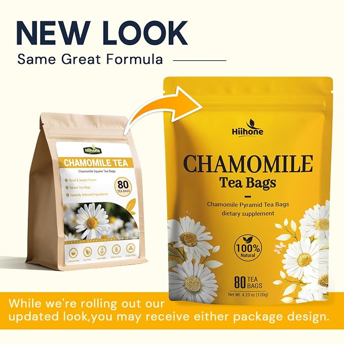 Chamomile Tea Bags, Chamomile Flower Herbal Tea with Sugar-Free, Caffeine-Free, 80 Teabags