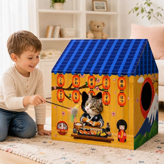 Cinrobiye Cardboard Cat House with Scratcher Izakaya Bar Pet Board Bed Cave Playhouse Hideaway Hideout Condo Decor Small Animals Scratch Box for Indoor Cats Kittens Rabbits Bunny