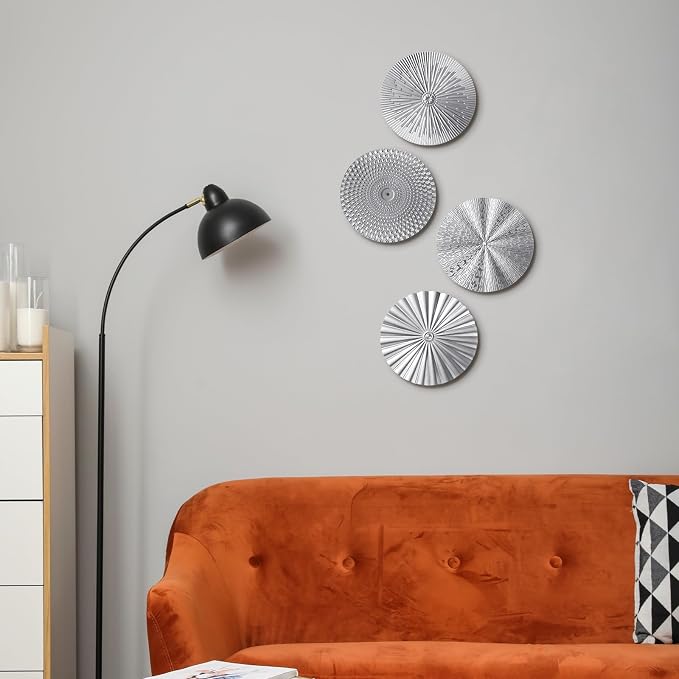 Hicarer 4 Pcs 12 Inch Silver Metal Wall Art Decor Modern Sunburst Hanging Artwork Decor Wall Decorations for Home Bedroom Bathroom Living Room Office Sculpture