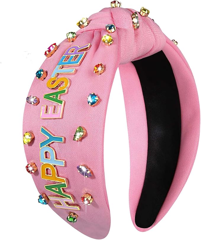 mokkia Easter Headbands Beaded Rabbit Bunny Headband for Women Pink Spring Knotted Headband Easter Hair Accessories Gifts