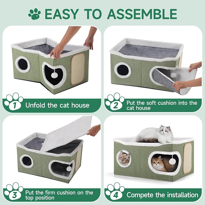 Shikha Extra Large Cat House Bed for Multi Cats with Scratch Pad Green | 24 x 17.7 x 12.6 IN Widen Cat Cave Cube for Multi Pets, Foldable, Arc-Edge Design, Oval Door, All Seasons Reversible Cushion
