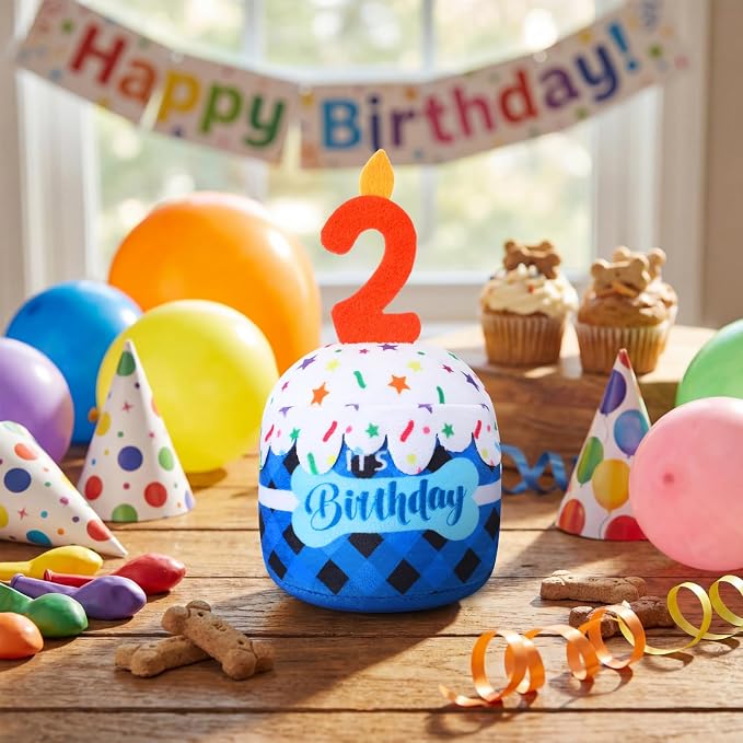 Dansydaisy Dog Birthday Cake Toy Squeaky Plush Gift,2nd,Blue Grid