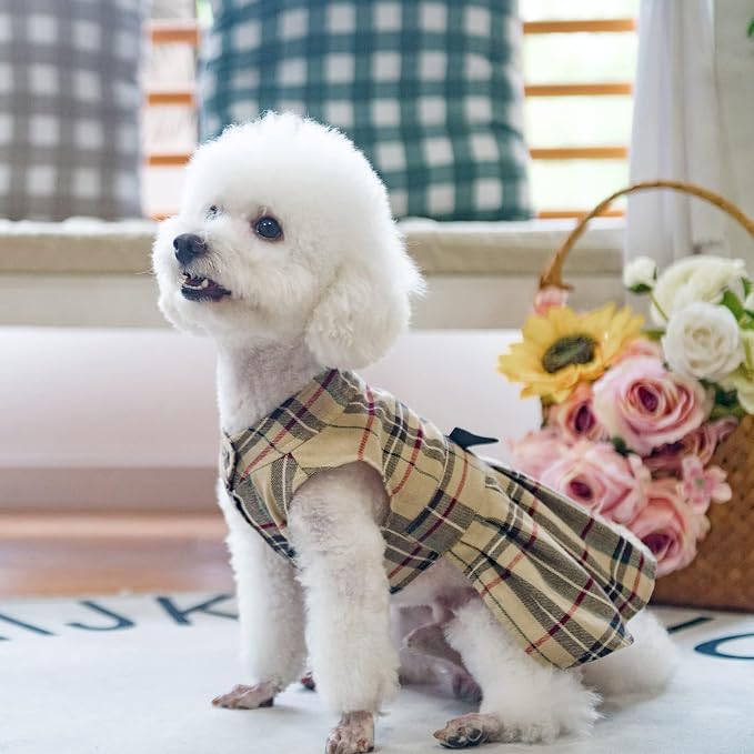 PUPTECK Classic Beige Plaid Dog Dress with Bow Puppy Skirt Clothes L | Cute Chic Cat Puppy Clothes for Small Medium Large Dogs Girl Pet Apparel Outfits Costume for Birthday Wedding Party Holiday