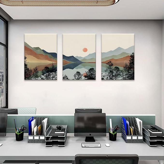 Bwodke Blue Mountain Canvas Wall Art Set of 3, 12x16 inch | Boho Watercolor Wall Decor, Blue Mountain Sun Forest Prints, Living Room Bedroom Office Art