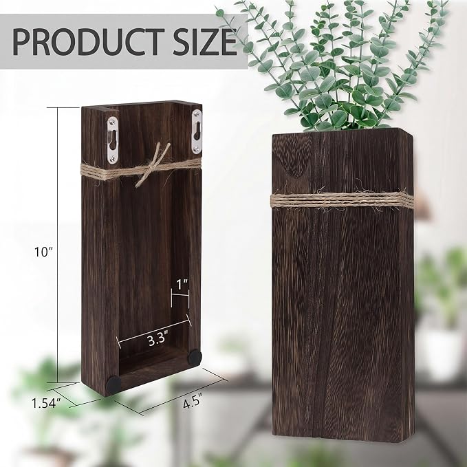 Wall Planters for Indoor Plants Set of 2, Rustic Boho Wood Wall Vases for Dried Flowers & Artificial Plants, Modern Farmhouse Home Decor for Living Room Bedroom Kitchen Dining Room - Dark Brown