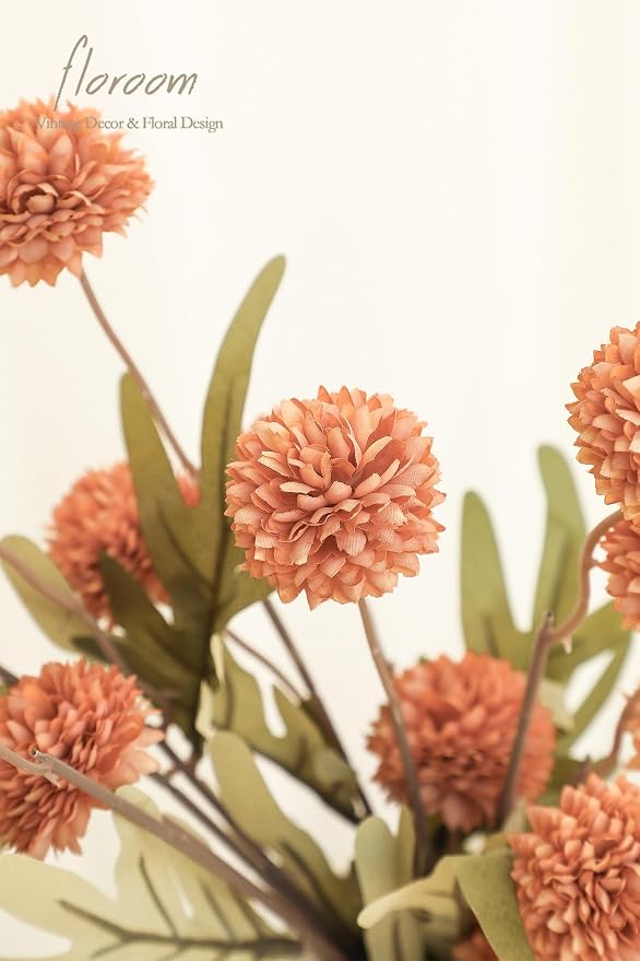 5pcs Burnt Orange Faux Silk Mums Artificial Flowers, Bulk Fake Small Mini Chrysanthemums with Stems for DIY Wedding Centerpieces Floral Arrangements Vase Fillers Home Decorations