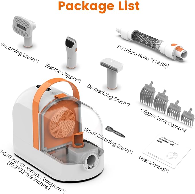 PG10 Dog Grooming Vacuum with Electric Clipper & Shedding Brush, 12,000Pa Suction Pet Grooming Vacuum for Dogs, Low Noise Pet Hair Vacuum with Grooming Kit for Home Shedding and Trimming