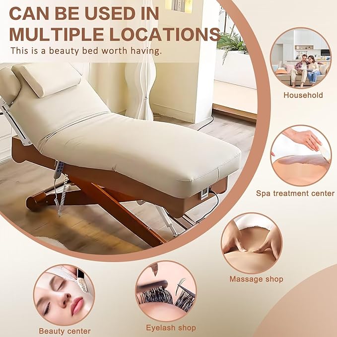 Electric Treatment Massage Table with Wooden Cross Base Design,Beauty Spa Bed Includes One-Button Lifting Function,Heating Design for Beauty Salon,Massage Shop(Wood Color)