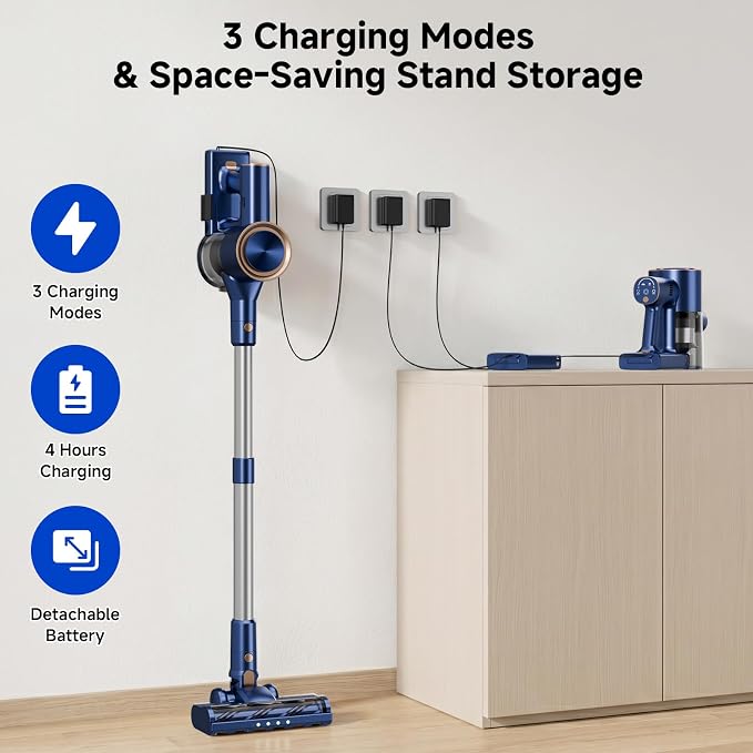 Cordless Stick Vacuum Cleaner - Rechargeable,45Kpa Powerful Suction Vacuum for Home,45Mins Runtime,Detachable Battery,Anti-Tangle, 8 in 1 Lightweight Vacuum for Pet Hair Carpet Hardwood, Blue