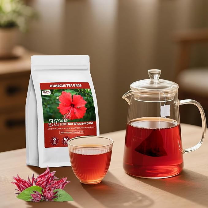 Hibiscus Tea Bags, 100% Natural Hibiscus Flowers Herbal High Blood Pressure Tea Bags, No Sugar/Gluten, Caffeine Free-50 Count (Pack of 1)