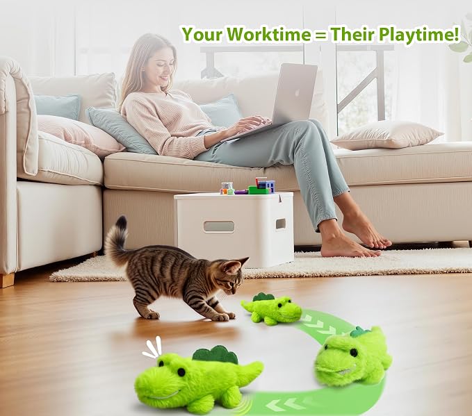 Interactive Cat Toys for Indoor Cats – Auto Moving Alligator with 360° Random Movement & Tail Wagging, Rechargeable Cat Exercise Toy with Catnip, Self-Play Fun for Bored Adult Cats-Plush
