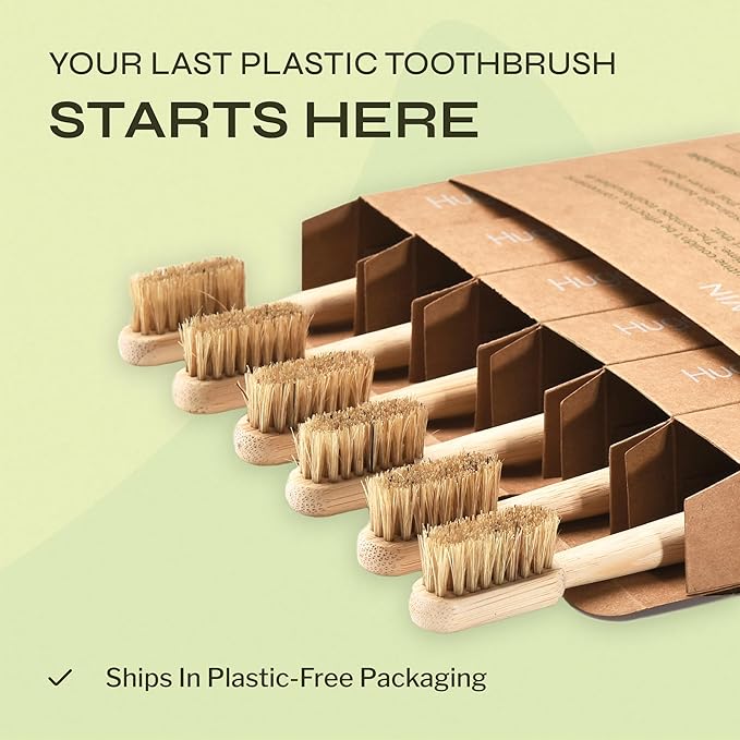 Hugging Tree Boar Bristle Bamboo Toothbrush, Made from Natural Boar Hair Bristles, Plastic-Free (Pack of 6)