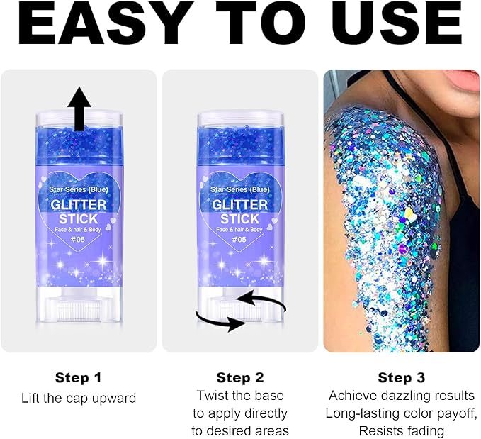 Blue Body Glitter Stick, Sparkling Hair Glitter for Kids and Women, Waterproof Face Hair and Body Glitter Makeup, Rave Accessories Carnival Chunky Sequins