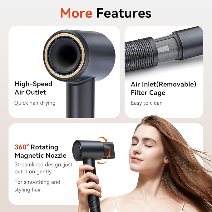 High-Speed Hair Dryer, 110,000 RPM 200M Negative Ions Blow Dryer for Ultimate Shine & Frizz-Free Hair, Intelligent Thermo-Control Fast Drying,Lightweight Quiet Hair Dryer with Magnetic Nozzle