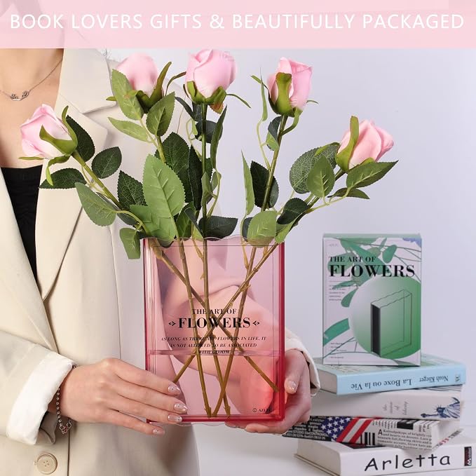 Book-Shaped Flower Vase, Book Lovers Gifts, Pink Vases for Wedding Decor | Aesthetic Room Centerpieces,Must-Have for Home, Bookshelf, Bedroom, Office Decor for Women, Teacher Gift - Like Mothers Day