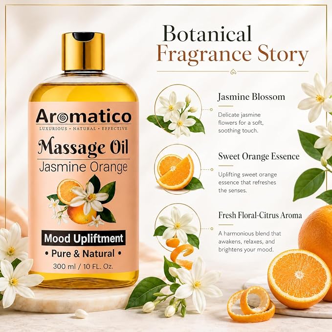 AROMATICO Massage Oil for Massage Therapy with Jasmine & Orange Essential Oils. Infused with Sesame, Almond & Jojoba Oils. Full Body Massage Oil for Mood Upliftment – 10 Fl Oz