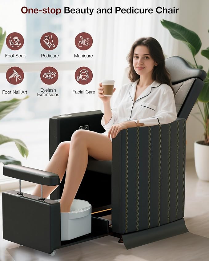 OKAKOPA Electric Pedicure Chair No Plumbing, Professional Reclining Pedicure Unit with Cup Holder and USB Charging Port, Pedicure Station for Salon with Hidden Base and Footrest, Black