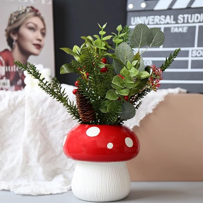 Mushroom Flower Vase Ceramic Vases Planter Flower Vase Home Decor | Little Mushroom Holder Cute Holder Decorative Mushroom Vase for Room Office Table Centerpiece Home Garden Decor (Red)