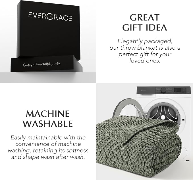EVERGRACEHOME Chunky Chenille Knit Throw Blanket, 108x92, Dried Thyme Green | Sculpted Moss Stitch, Chic Modern Farmhouse, All-Season Warmth, OEKO-TEX® Certified, Oversized King for Couch, Bed, Sofa