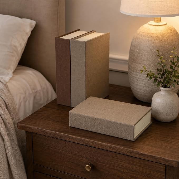 DECOR4SEASON Modern Linen and Wood Decorative Faux Book Boxes Set of 3, 10" | Stackable Storage Boxes for Shelves, Coffee Table, and Office Organization (Earth Tones)