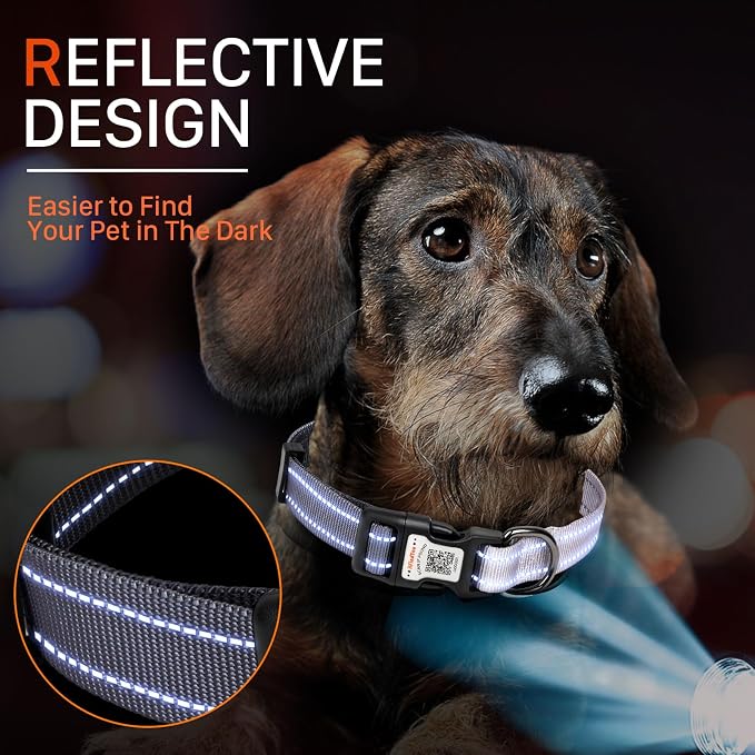 Personalized Dog Collar with QR Code Dog Tag, Black&Gray L | Anti-lost, 1000D nylon, reflective, padded, XS-L(8"-24"), QR buckle shares lost pet profile, location alerts when scanned
