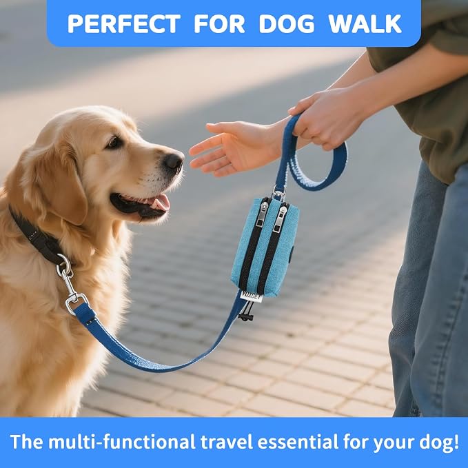 Dog Poop Bag Holder with Treat Pouch, 2 Zipper Pockets & Leash Clip
