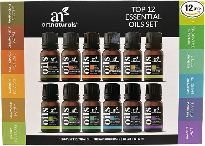ArtNaturals Top 12 Essential Oils Set, 12 x 10ml Pure Aromatherapy Oils with Lavender, Peppermint, Tea Tree, Eucalyptus, Frankincense, Rosemary, Citrus Oils for Diffusers