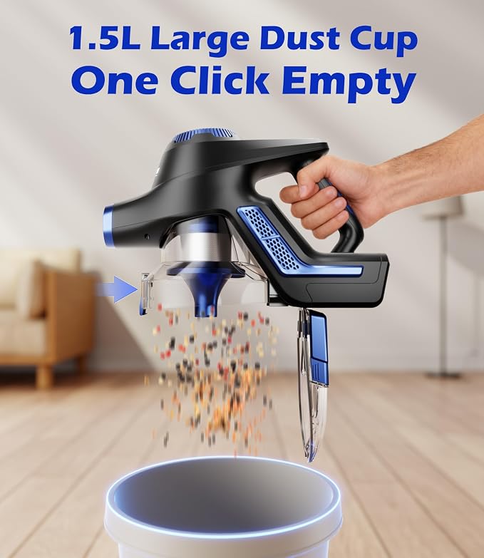 Cordless Vacuum Cleaner, 55Kpa Vacuum Cleaners for Home, Max 80mins Runtime Stick Vacuum with LED Display&1.5L Dust Cup, Rechargeable Lightweight Handheld Vacuum for Carpet/Hardwood Floor/Pet Hair/Car